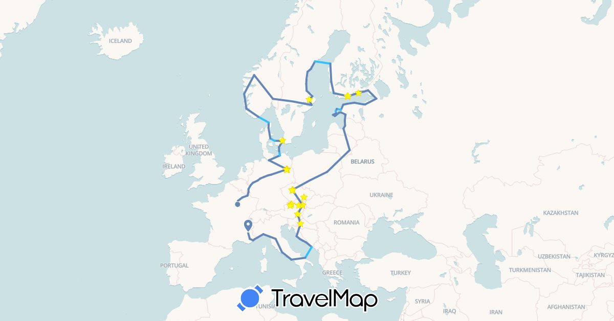 TravelMap itinerary: driving, cycling, boat in Austria, Belgium, Czech Republic, Germany, Denmark, Estonia, Finland, France, Croatia, Italy, Lithuania, Luxembourg, Latvia, Norway, Poland, Russia, Sweden (Europe)