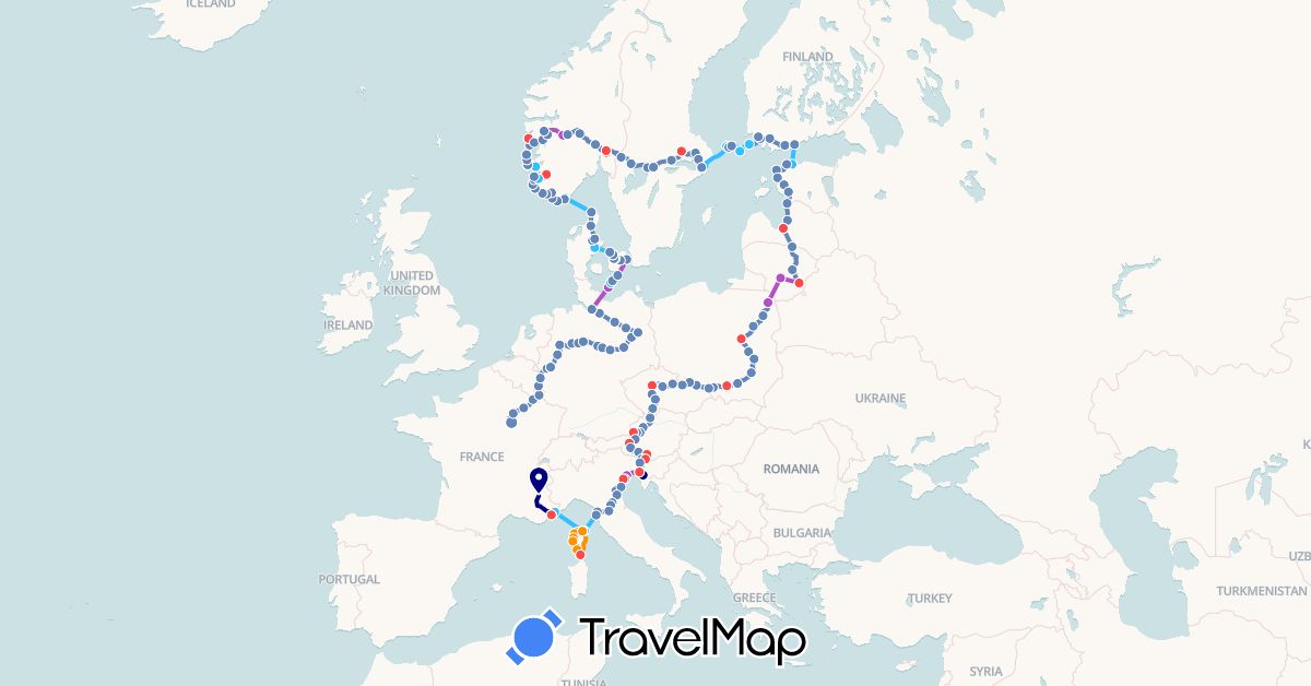 TravelMap itinerary: driving, cycling, train, hiking, boat, hitchhiking in Austria, Åland Islands, Belgium, Czech Republic, Germany, Denmark, Estonia, Finland, France, Italy, Lithuania, Luxembourg, Latvia, Norway, Poland, Sweden, Slovenia (Europe)